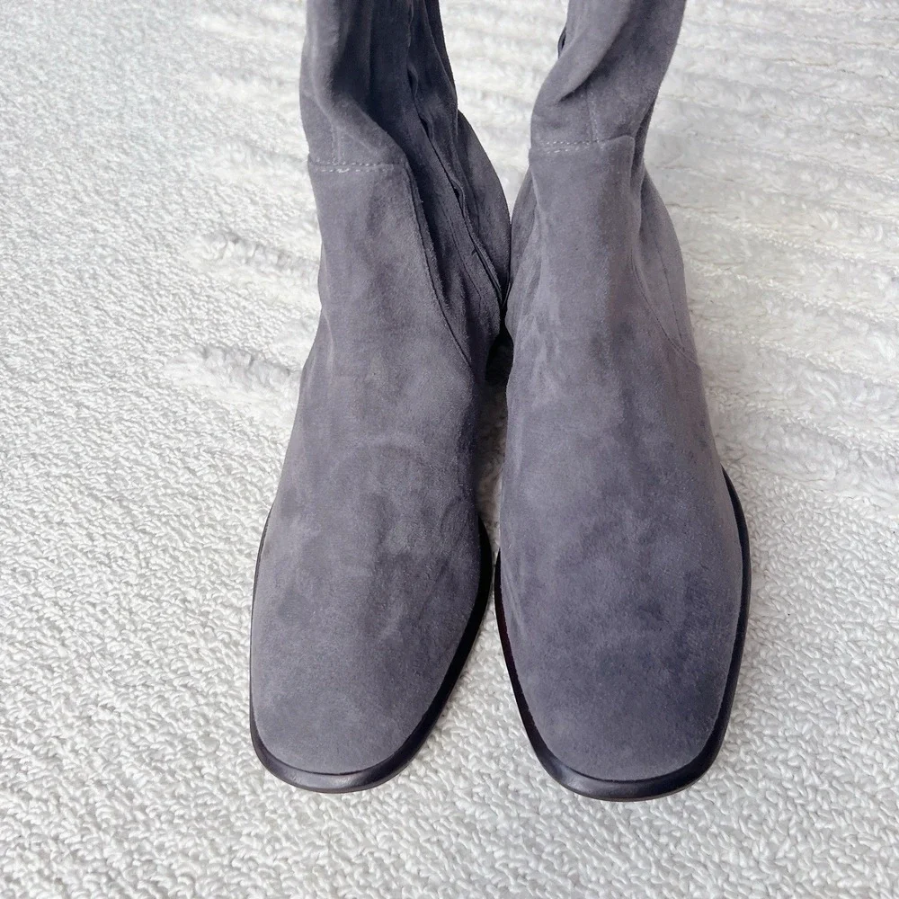 Tory Burch MULTI LOGO STRETCH Over The Knee Boots OTK Gray Suede Low Heel US 7.5